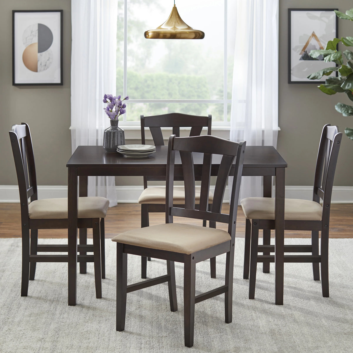TMS Metropolitan 5-Piece Wood Farmhouse Upholsered Dining Set with Table and Chairs, Espresso