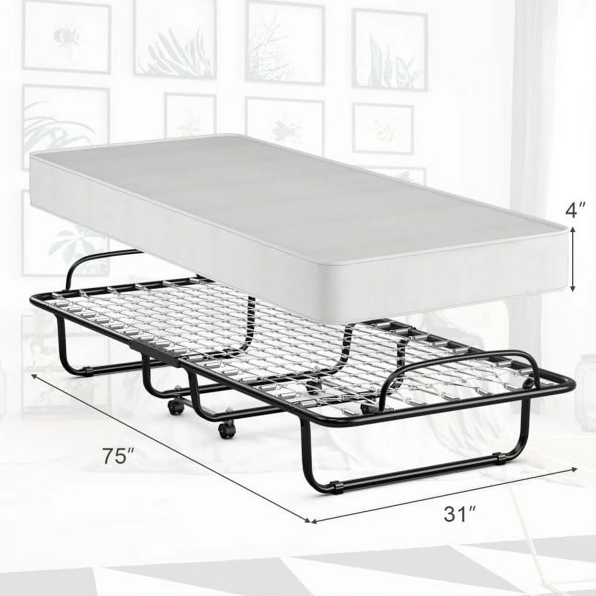 75" x 31" x 13" Folding Bed with Mattress, Rollaway Bed Metal Frame on Wheels, Portable Foldable Guest Bed for Adults, Cot Size Fold up Bed with Memory Foam Mattress