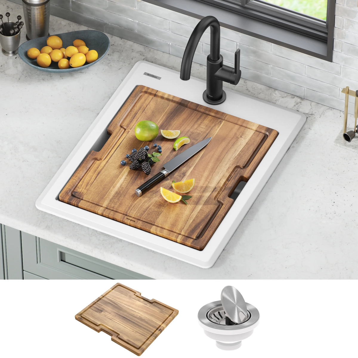 KRAUS Bellucci 18 Granite Composite Workstation Drop-In Top Mount Single Bowl Kitchen Bar Sink in White with Accessories