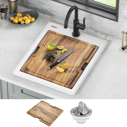 KRAUS Bellucci 18 Granite Composite Workstation Drop-In Top Mount Single Bowl Kitchen Bar Sink in White with Accessories
