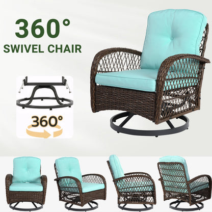3 Piece Patio Swivel Rocker Chairs Set, 2 360-Degree Swivel Rocking Chairs with 1 Glass Top Table, PE Rattan Outdoor Bistro Set with Cushions for Balcony Deck Poolside Backyard Porch