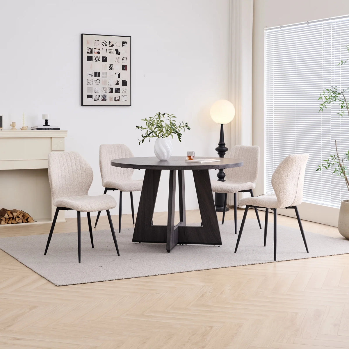 5 Piece 47'' Round Dining Table Chairs Set for 4, Farmhouse Gray Kitchen Table with 4 Boucle Mid Century Modern Dinning Room Chairs, Wood Dinner Table &Upholstered Chair Set of 4, Beige