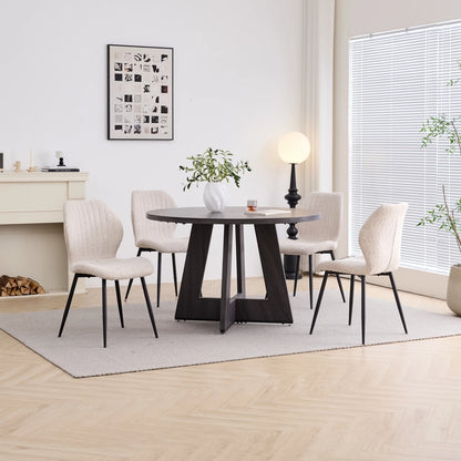 5 Piece 47'' Round Dining Table Chairs Set for 4, Farmhouse Gray Kitchen Table with 4 Boucle Mid Century Modern Dinning Room Chairs, Wood Dinner Table &Upholstered Chair Set of 4, Beige