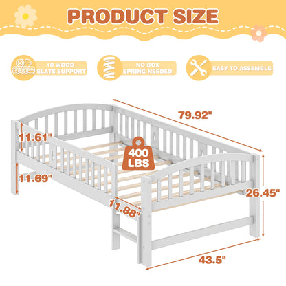 SESSLIFE Twin Size Platform Bed, Solid Wood Twin Bed Frame with Slats, Fence Guardrail Ladder, Twin Floor Bed with Strong Legs for Boys Girls, No Box Spring Needed, Holds 400 lbs, White