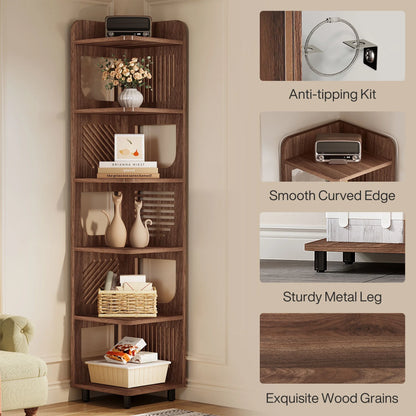 Fnova 71" 6-Tier Tall Corner Bookshelf, Rustic Wooden Narrow Corner Bookcase with Artistic Square Rack, Freestanding Display Storage Shelf for Space-Saving Home Organizing