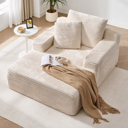 65" Corduroy Cloud Sleeper Chaise Lounge Chair, No Assembly Sofa Bed with Pillows, Beige