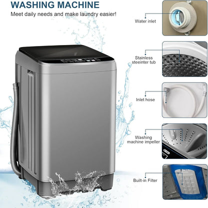 Kcpolre Portable Washing Machine, 25 lbs Full Automatic Washer with 10 Programs & 8 Water Levels, Top Load Clothes Washing Machines with LED Display for Home, Apartment, Grey
