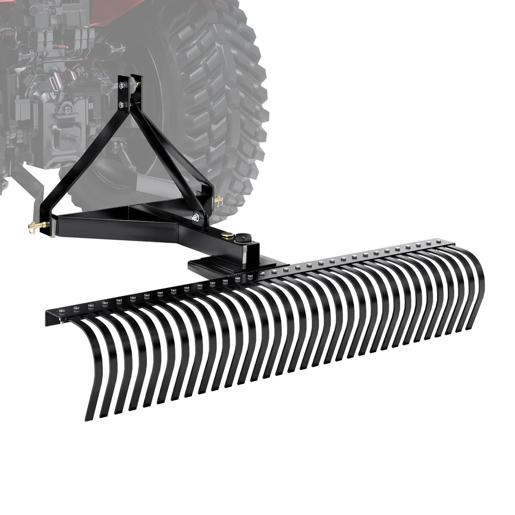 KFFKFF 3-Point Landscape Rake, 60" Pull-Behind Thatch Remover with 32 Steel Tines, Tractor-Compatible 3-Point Hitch Garden Rake with Attachments