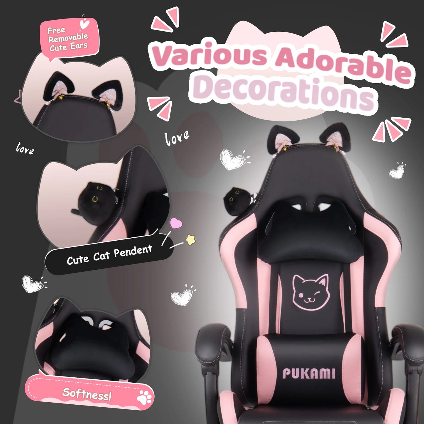 Waleaf Pink Gaming Chair with Cat Paw Lumbar Cushion and Cat Ears for Girls, Reclining Office Computer Chair with Footrest for Adults, Teens