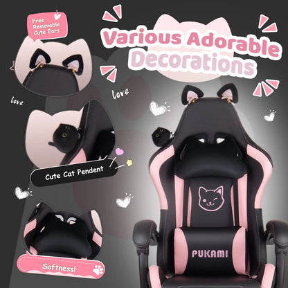 Waleaf Pink Gaming Chair with Cat Paw Lumbar Cushion and Cat Ears for Girls, Reclining Office Computer Chair with Footrest for Adults, Teens