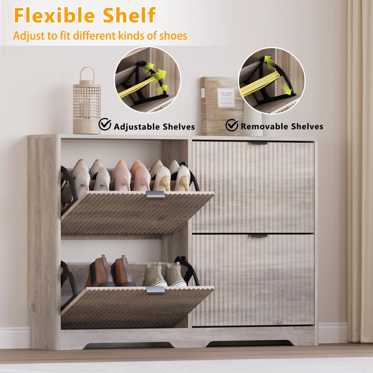 FANRAL Shoe Cabinet with 2 Flip Drawers & Open Storage,Fluted Shoe Storage Cabinet Rack Organizer with Adjustable Shelves for Entryway,Closet,Hallway,White
