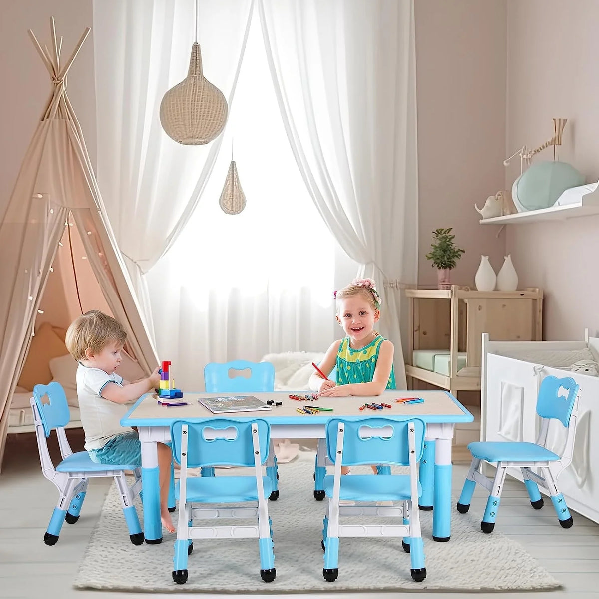 Arlopu Adjustable Kids Table and 6 Chairs Set, Toddler Play Activity Table Set with Graffiti Tabletop, Preschool Kids Furniture Table Set for Reading, Drawing, Eating