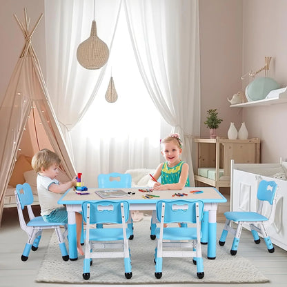 Arlopu Adjustable Kids Table and 6 Chairs Set, Toddler Play Activity Table Set with Graffiti Tabletop, Preschool Kids Furniture Table Set for Reading, Drawing, Eating