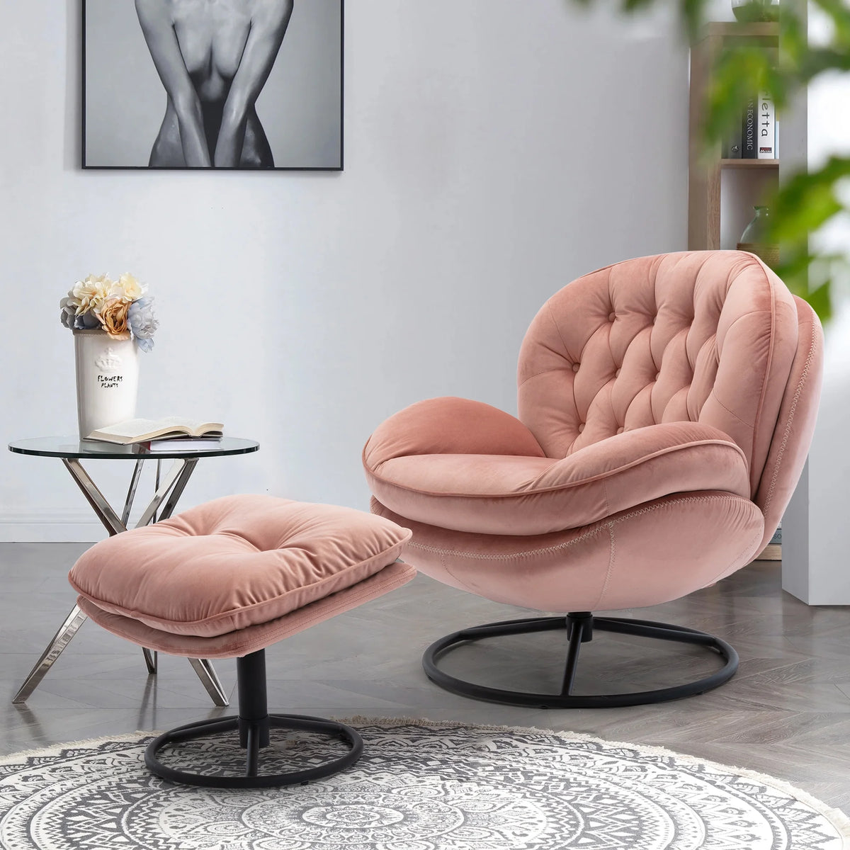 Swivel Accent Chair with Ottoman, Velvet Accent chair with Footrest, Mid-Century Modern Lounge Chair and Ottoman Set, Reading Chair for Living Room, Bedroom, Reading Room, Home Office, Blue