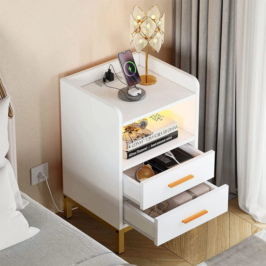 DEXTRUS Side Table with Charging Station, 3-Drawer LED Light Bedside End Table Nightstand for Bedroom Living Room Small Space, White