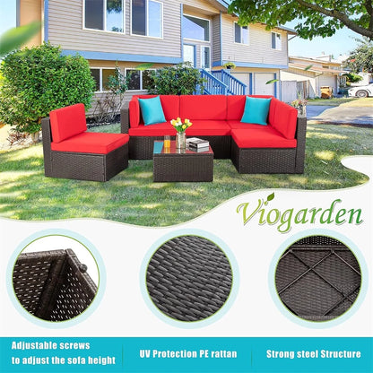 7 Pieces Outdoor Patio Furniture Set, Outdoor Sectional Rattan Sofa, PE Manual Weaving Wicker Patio Conversation Set with Cushion, Glass Table, Pillow, Dark Gray