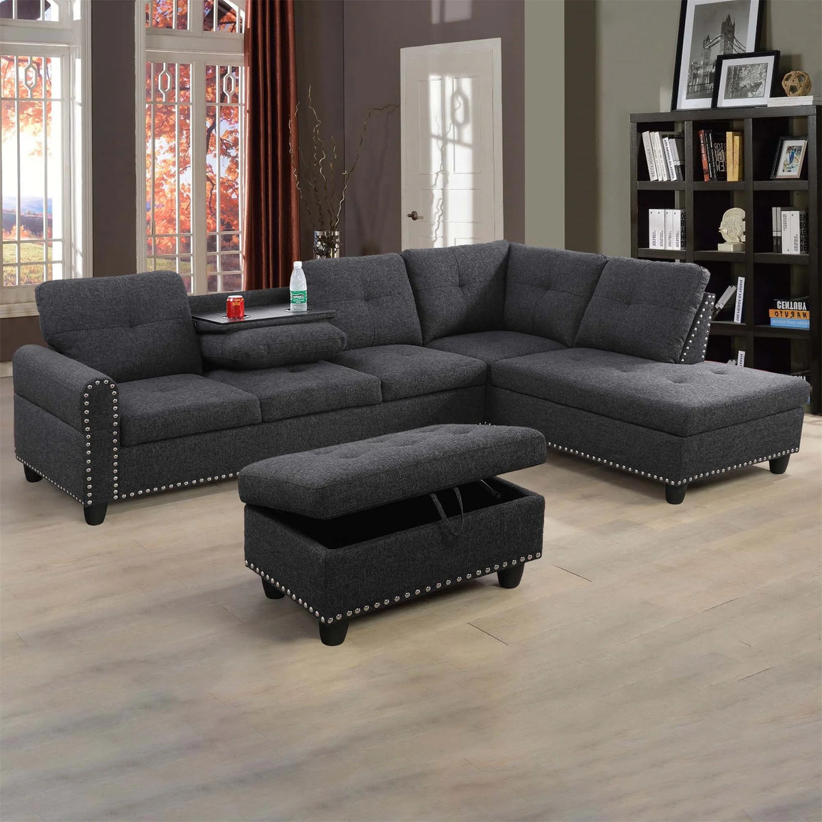 Aukfa 3 Piece Sectional Sofa, Living Room Couch with Storage Ottoman&Cup Holder, Linen, Right Hand, Purple