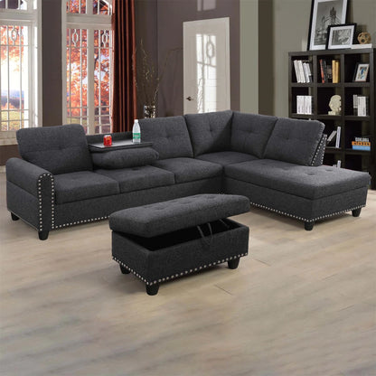 Aukfa 3 Piece Sectional Sofa, Living Room Couch with Storage Ottoman&Cup Holder, Linen, Right Hand, Purple