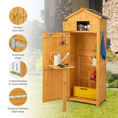 Costway Outdoor Lockable Wooden Storage Shed with Shelves, 71"x29.5"x20", Natural