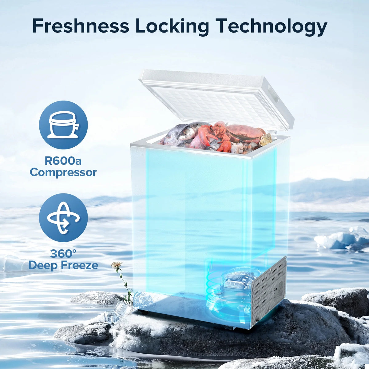 Auseo Mini Freezer Chest 3.5 cu ft,  Black Deep Freezer & Side Handle, Compact Freezer with 7 Gear Adjustable Temperature, Removable Storage Basket*2, Energy Saving