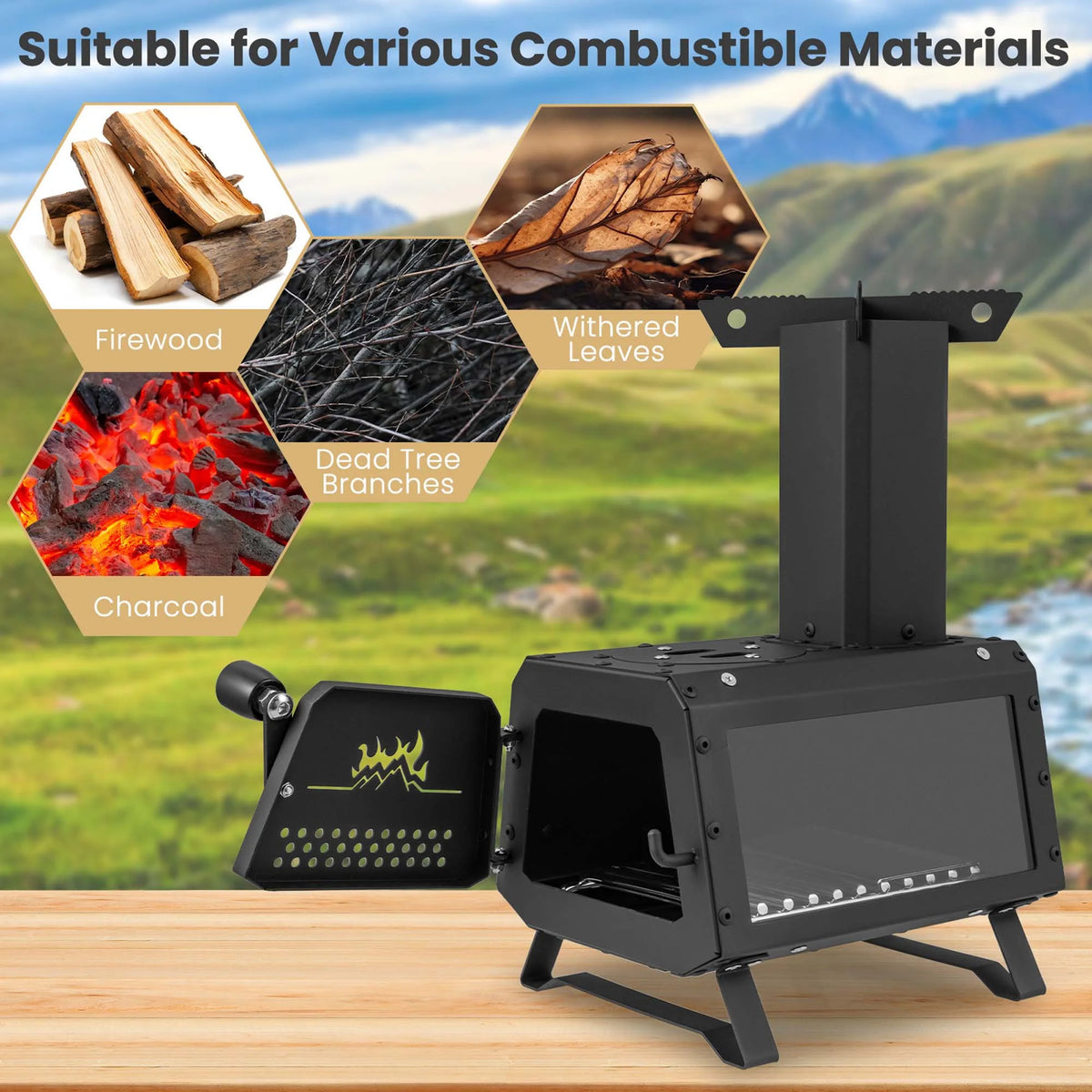 Costway Portable Wood Camping Stove with 2 Cooking Positions