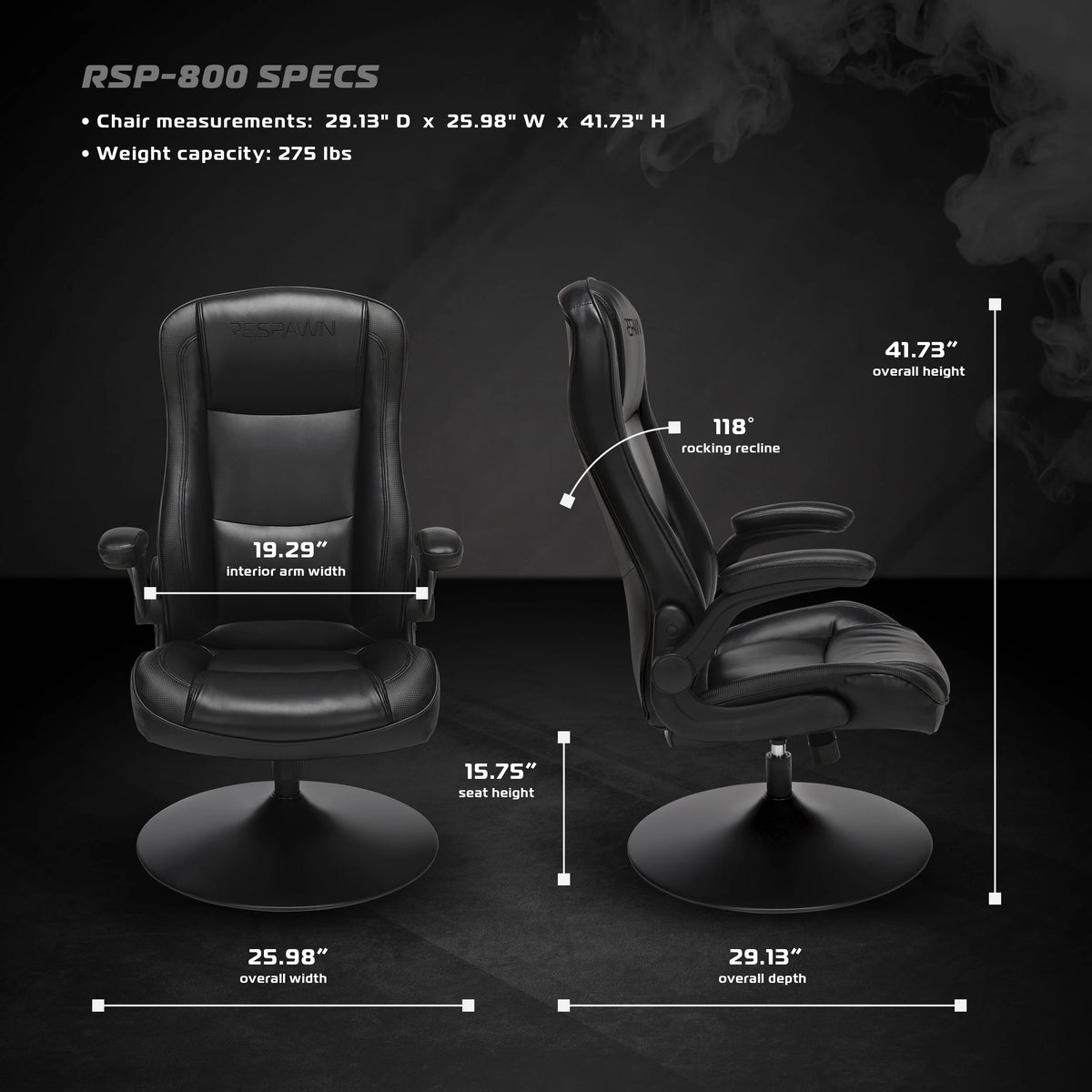 RESPAWN 800 Swivel Rocker Gaming Chair - Ergonomic Floor Gaming Seat with Lumbar Support, Flip Up Armrest, High Back, Pedestal Base, Comfortable No Wheels Console Video Game Rocker Chair - Red