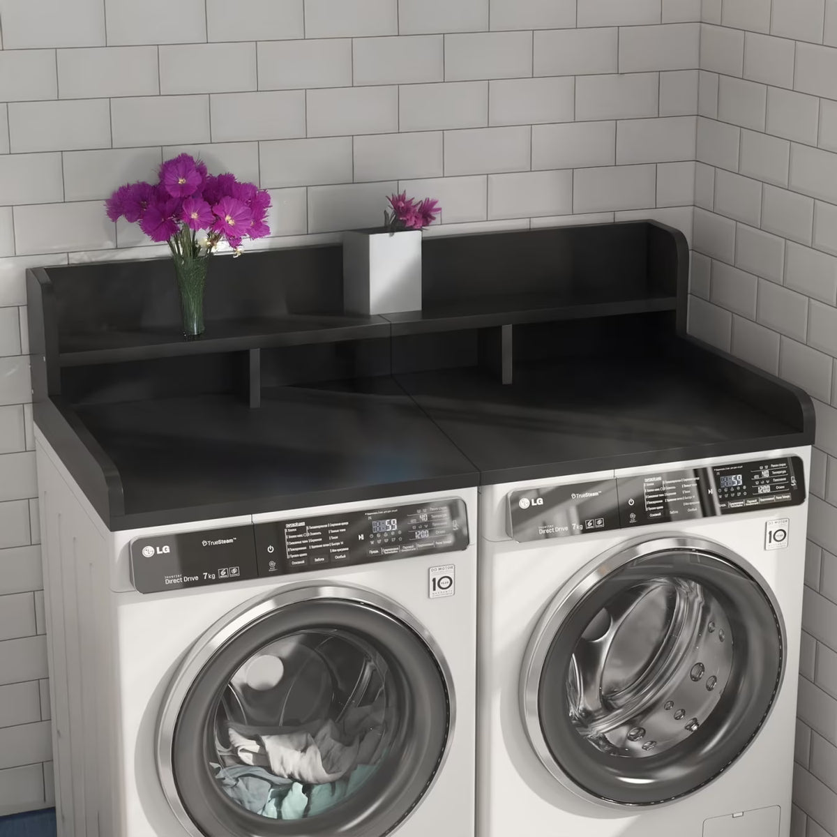 Wood 2-Tier Washer Dryer Countertop with Edge Rails, 54" W x 27.5" D Washer and Dryer Topper for Laundry Room Organization and Storage, Walnut