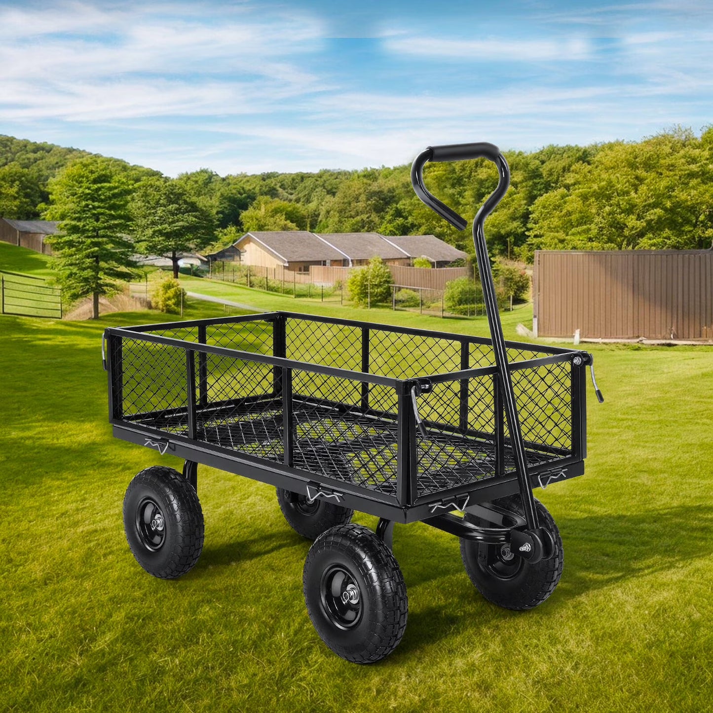 Farmdex Steel Mesh Garden Cart with 10" Tires Wagon Cart Newest Garden Utility Carts Heavy Duty 660LBS Capacity Folding Utility Wagon with Removable Sides, Garden Wagon for Yard