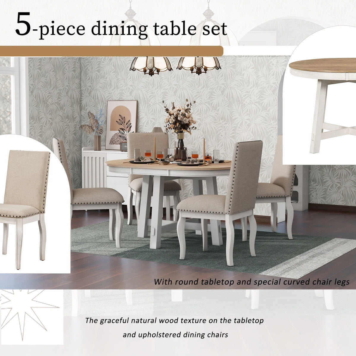 Bellemave 5-Piece Round Dining Table Set, Wood Farmhouse Extendable Dining Table and 4 Upholstered Dining Chairs, Kitchen Dining Table Set for 4 ��Antique White��