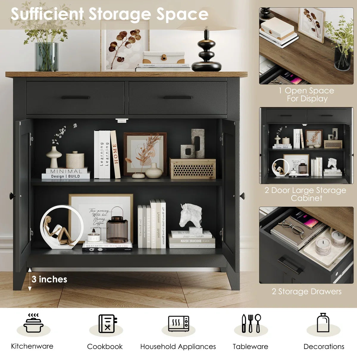 Homfa Entryway Cabinet, Kitchen Storage Cabinet, Farmhouse Buffet Sideboard with 2 Drawers and 2 Doors,Coffee Bar with Storage for Dining Room Living Room,White
