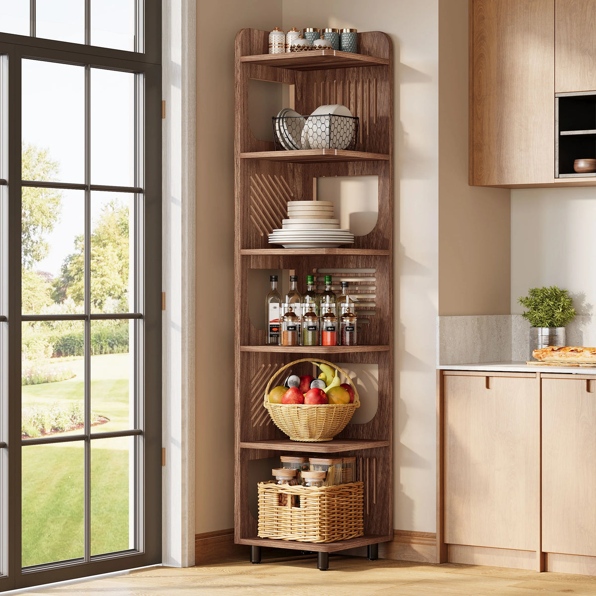 Fnova 71" 6-Tier Tall Corner Bookshelf, Rustic Wooden Narrow Corner Bookcase with Artistic Square Rack, Freestanding Display Storage Shelf for Space-Saving Home Organizing