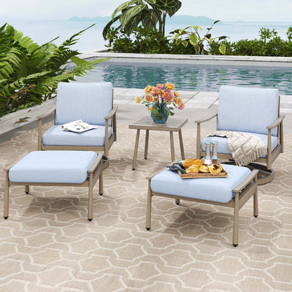 HAPPATIO Aluminum Outdoor Furniture Set - 5 Pieces Patio Furniture Set Includes 1 Side Table, 2 Swivel Chairs and 2 Ottomans with Thick Cushion, Patio Conversation Set for Backyard Poolside (Grey)
