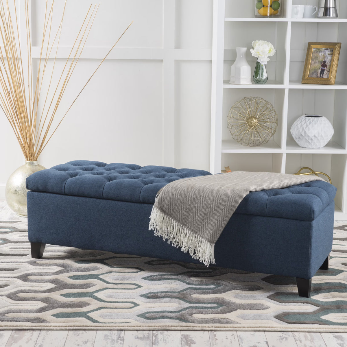 Noble House Hampton Contemporary Fabric Upholstered Storage Ottoman, White and Blue Floral