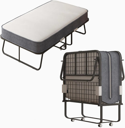 Puremind Folding Bed with 4 Inch Foam Mattress,  75" x 31" Rollaway Bed for Adults, Portable Bed with Lockable Wheels, Easy Assembly & Moving, Standard