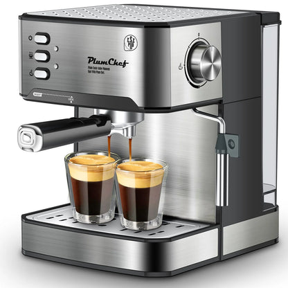 Plum Chef Espresso Machine, 20 Bar Coffee Maker with Foaming Milk Frother Wand, Espresso & Cappuccino Latte Maker Coffee Machine, 850W, 1.6L Removable Water Tank, Black&Silver