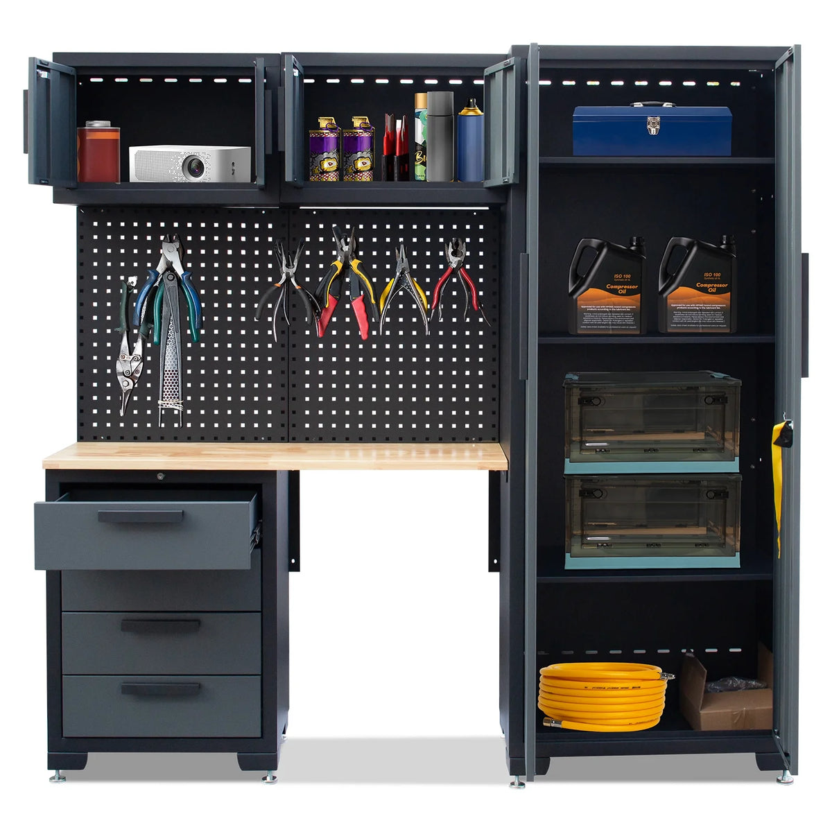 HPDMC Garage Storage Cabinet System 7-Pcs Workshop Set Metal Garage Cabinets System with Steel Cabinet Drawers, Workbench, Pegboard for Garage Tool Organization
