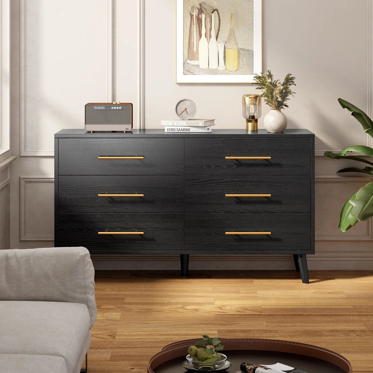 Noelse 3 Piece Bedroom Furniture Set, 6 Drawer Dresser with 2 Nightstands, Modern Wood Storage Organizer with Metal Handles for Bedroom, Living Room,Black
