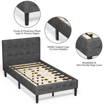 Costway Twin Upholstered Bed Frame Button Tufted Headboard Mattress Foundation Grey