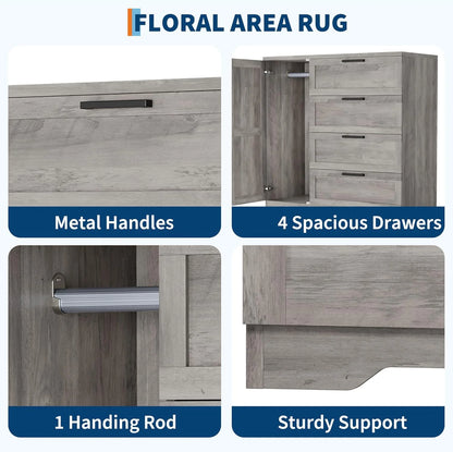 43.3" H Armoire Wardrobe Closet with 4 Drawers & Hanging Rod, Multifunctional Wood Storage Cabinet for Bedroom, Natural Oak