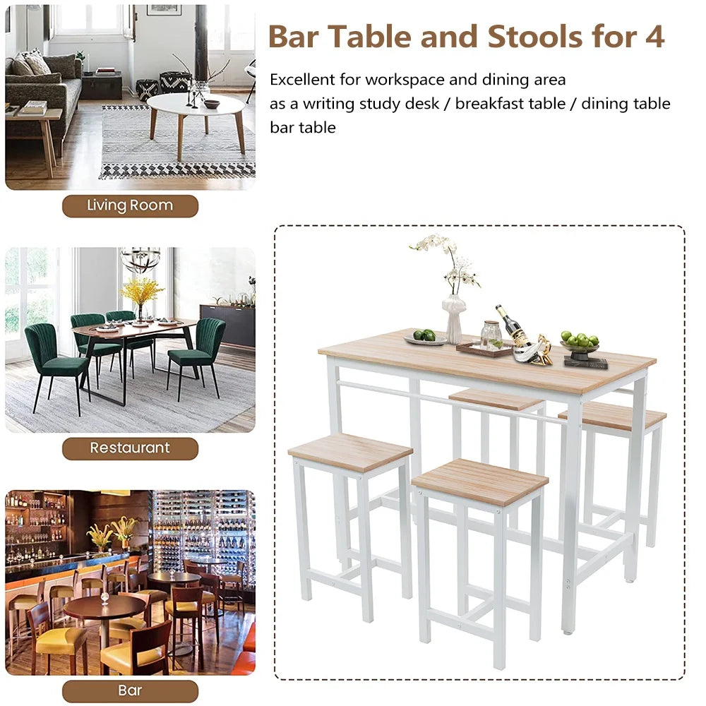 Counter Height Table Set of 5, Breakfast Bar Table and Stool Set, Minimalist Dining Table with Backless Stools, Wood Top Pub Table & Chair Set for Kitchen Apartment Bistro - Space Saving