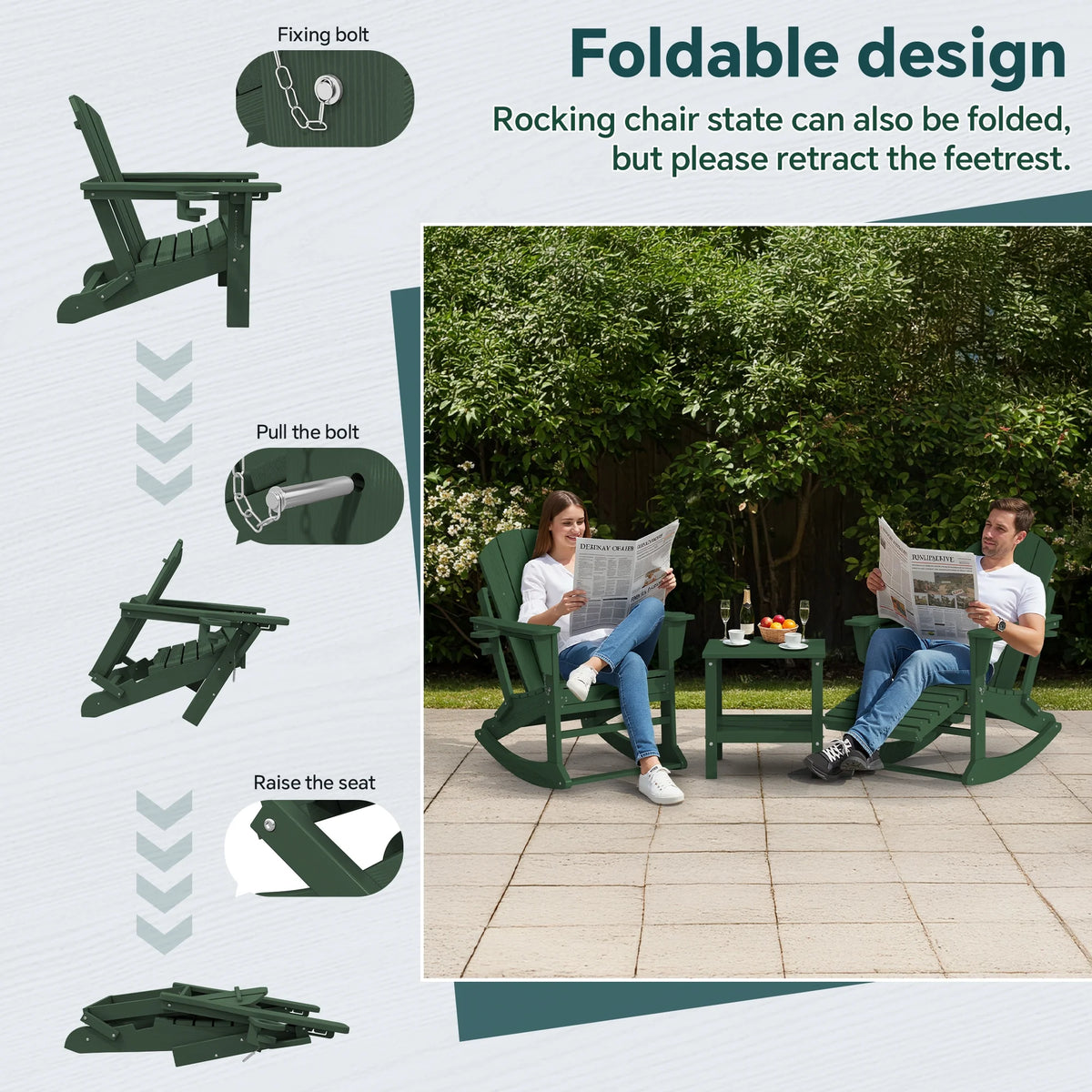 KINGYES Folding Adirondack Rocker Chair Set of 2 W/ Footrest & Dual Cup Holders, HDPE Outdoor Patio Rocking Chair, Black