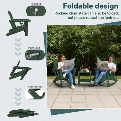 KINGYES Folding Adirondack Rocker Chair Set of 2 W/ Footrest & Dual Cup Holders, HDPE Outdoor Patio Rocking Chair, Black