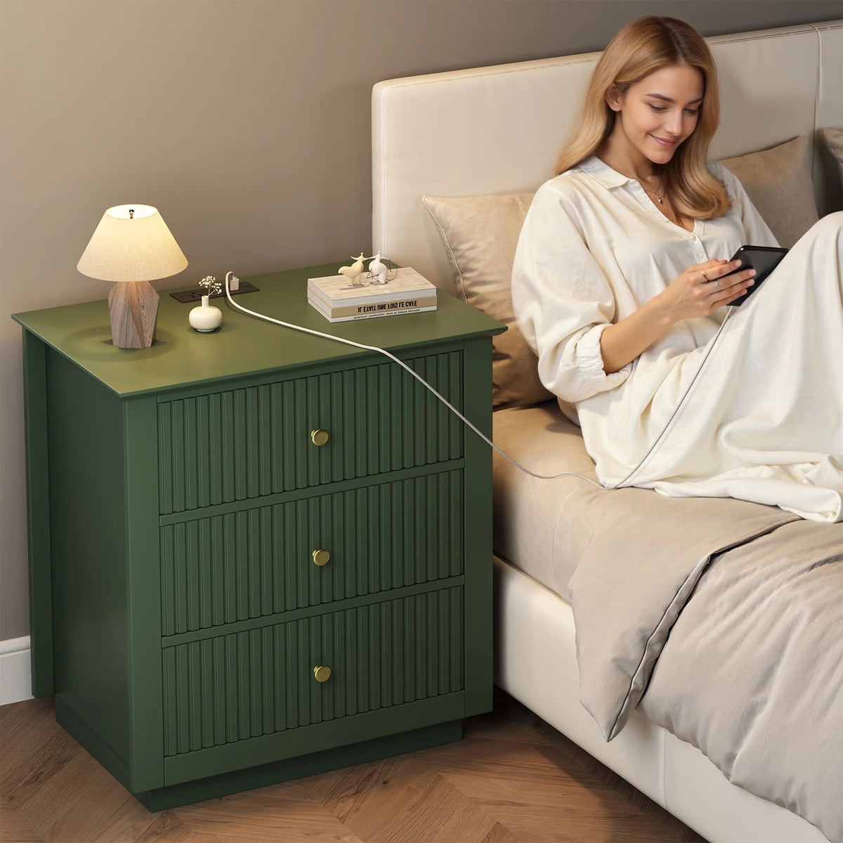 IDEALSOUL Nightstand Set of 2, 24" Wide End Table with Storage, Fluted Nightstand with USB Charging Station, Large 3 Drawers nightstand for Bedroom Living Room(2pc, White)