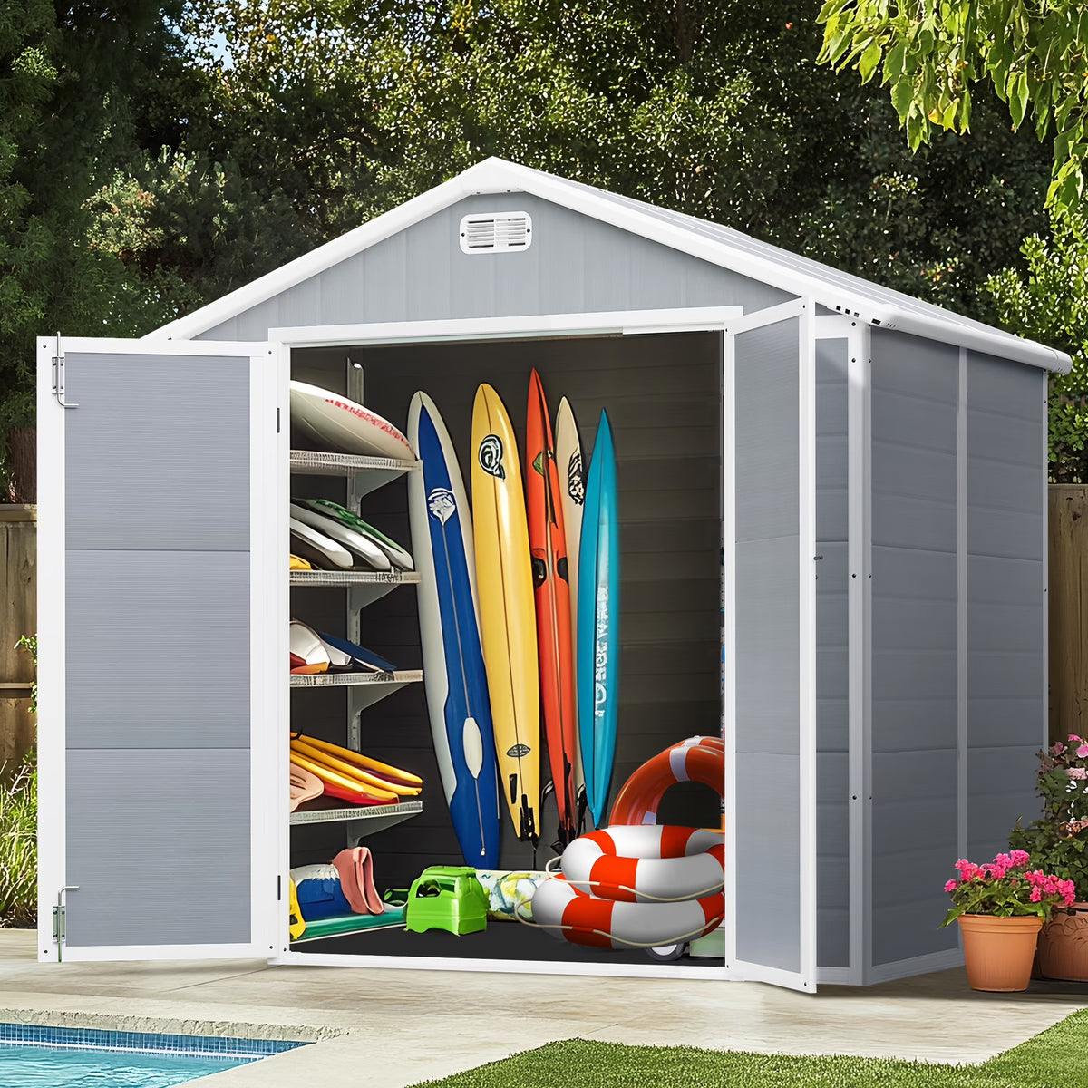 Outdoor Shed & Storage, Seizeen All-Weather Plastic Sheds 82'' H, Sloped Top Garden Shed with Window, Heavy-Duty Resin Outdoor Storage W/Floor, Gray