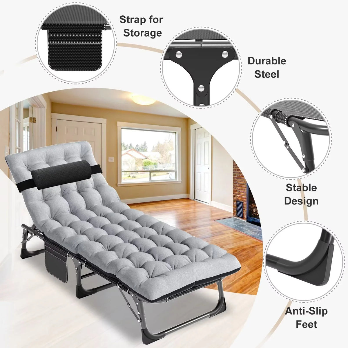 MOPHOTO Lounge Chair with Mattress, Outdoor Chaise Lounge Support 440 Lbs, Adjustable Portable Heavy Duty Sleeping Cots Bed for Camping, Pool, Beach, Patio