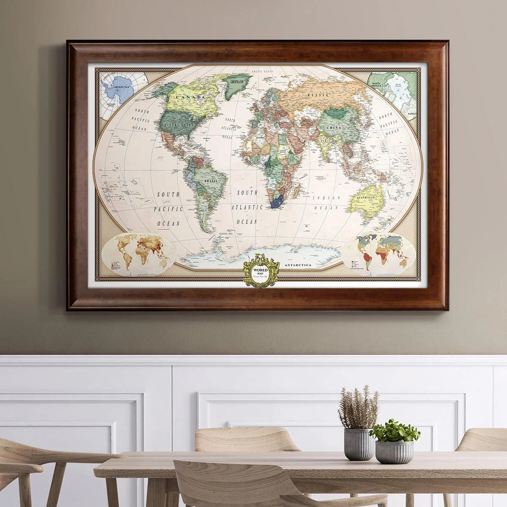 Renditions Gallery Colorful World Map Canvas Wall Art with Walnut Frame Wall Hanging Travel Map with Push Pins for Home, Office, Classroom