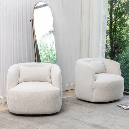 34" Wide Boucle Swivel Barrel Chair, No Assembly Round Upholstered Armchair Accent Chair Single Sofa Chair with Toss Pillow for Living Room and Bedroom, Taupe