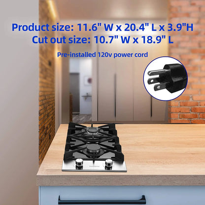 Gas Cooktop 12 inch Eascookchef Bulit-in Gas Stove Top 2 Burners NG/LPG Convertible Dual Burners
