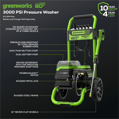 Greenworks 3000 PSI at 2.0 GPM 60 V Battery-Powered Cold Pressure Washer