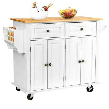 RichYa Kitchen Island with Storage, Rolling Kitchen Cart with Lockable Wheels, Rubber Wood Tabletop Kitchen Island Table for Kitchen, Living Room, White